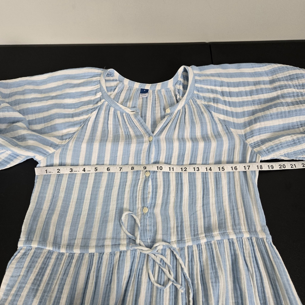 Old Navy Womens Puff Sleeve Mini Shirt Dress Size S Blue Striped Coastal Peasant - Picture 6 of 7